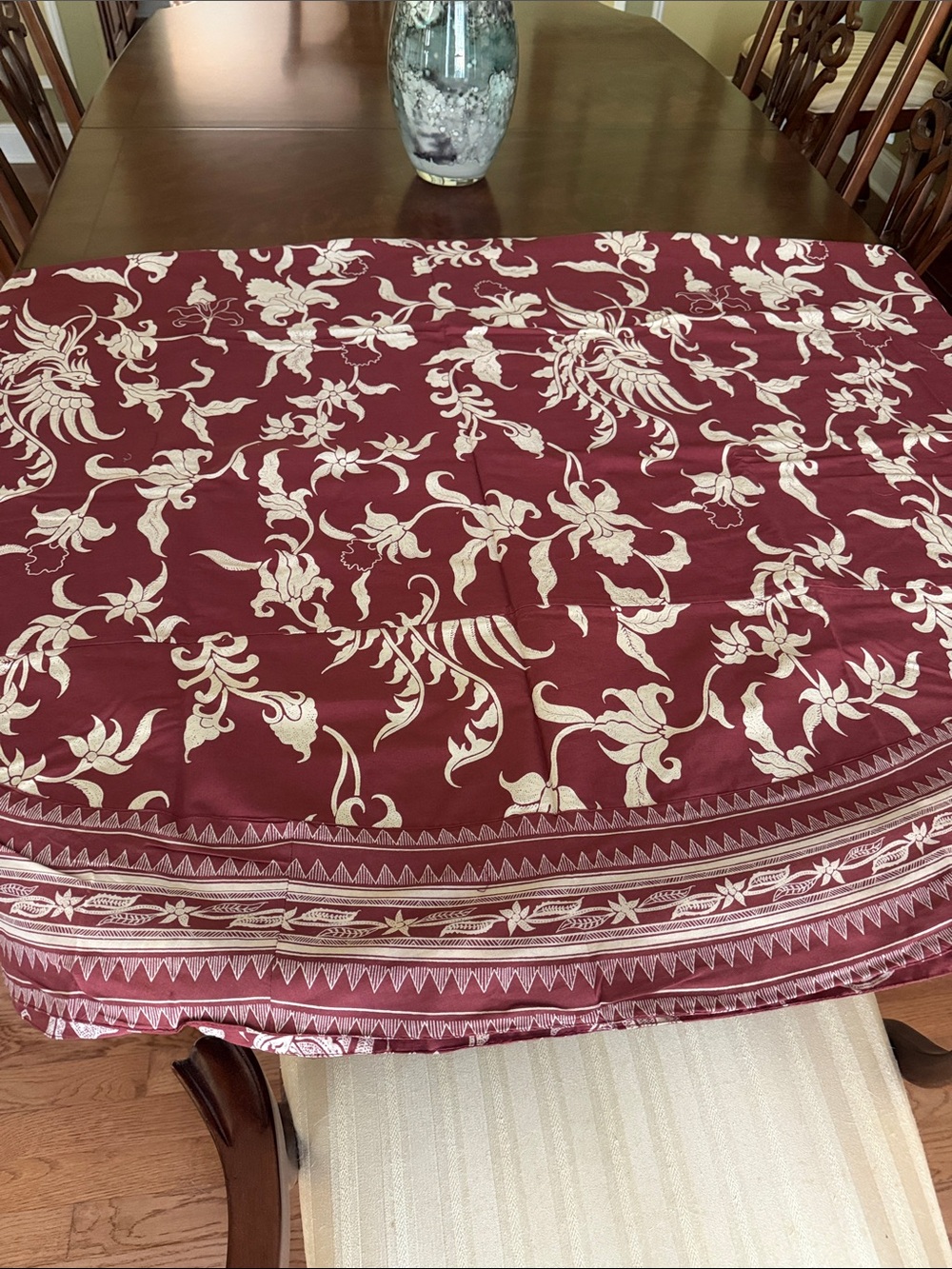 NEW Handprint Tablecloth 84” Round Phoenix Burgundy Red Cream Floral 100% Cotton